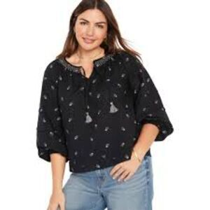 Old Navy Size 3X Black with Pink Floral Boho Peasant Tunic Long Sleeves Top